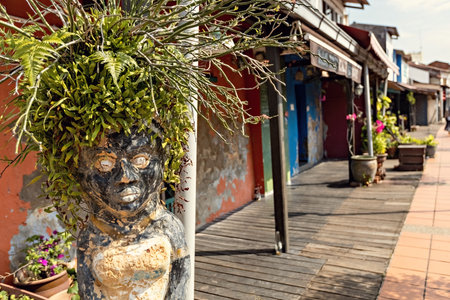 Traditional chinese style houses and funny plant pot in Melaka historical town, Malaysiaのeditorial素材