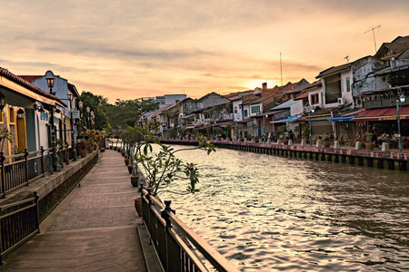 Traditional chinese style houses in Melaka historical town at sunset, Malaysiaのeditorial素材