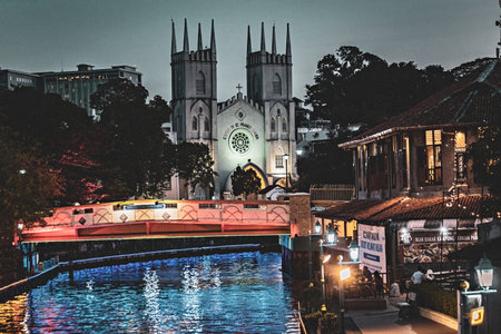 St. Francis Xavier Church and Melaka river by night in Malacca, Malaysia