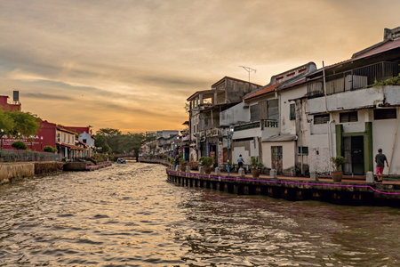 Traditional chinese style houses in Melaka historical town at sunset, Malaysia