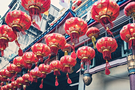 Chinese New Year celebration in Bangkok Chinatown. Red chinese lanterns in the templeのeditorial素材
