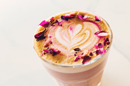 Rose latte decorated with dry rose petals close upの写真素材