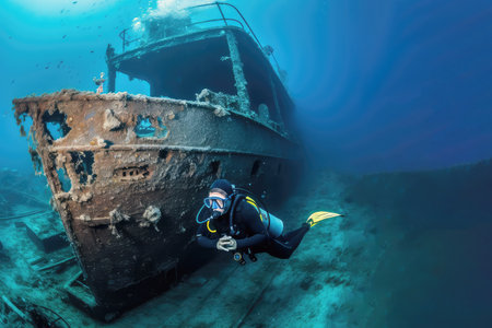 Wreck diving diver in the sea next to the shipwreckの素材