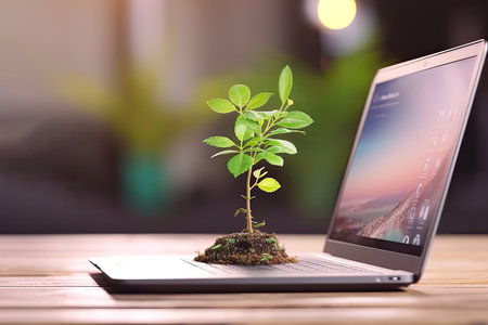 Environmental friendly concept tree growing from laptop sustainability ecology problemsの素材