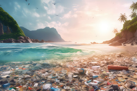 Dump on the shore of a picturesque island. Plastic pollution problem alertの素材