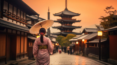 Pretty japanese woman wearing kimono walking in old town Kyoto holding umbrells AI generatedの素材