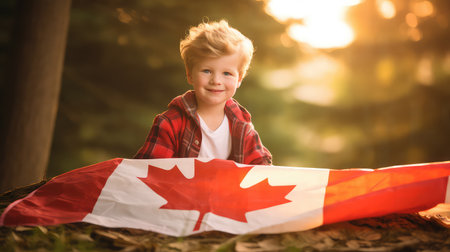Canada day cute boy with canadian flag celebration AI generated imageの素材