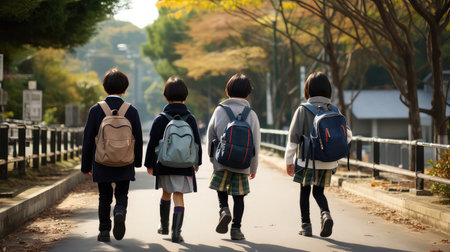 Asian school children wearing school bags going back to schoolの素材