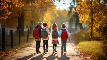 School children wearing school bags going back to schoolの素材