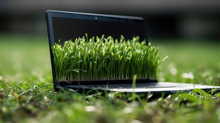 Green grass growing from computer keyboard. Environmental protection conceptの素材