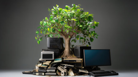 Green tree growing from the pile of used electronic devices. Environmental problem alertの素材