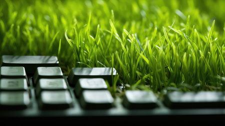 Green grass growing from computer keyboard. Environmental protection conceptの素材