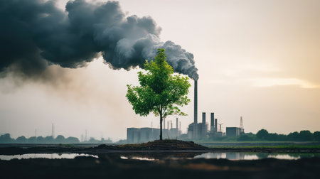 Chemical plant smoke green tree growing environmental problem alertの素材