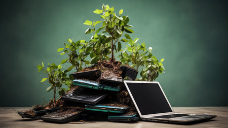 Green tree growing from the pile of used electronic devices. Environmental problem alertの素材