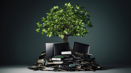 Green tree growing from the pile of used electronic devices. Environmental problem alertの素材