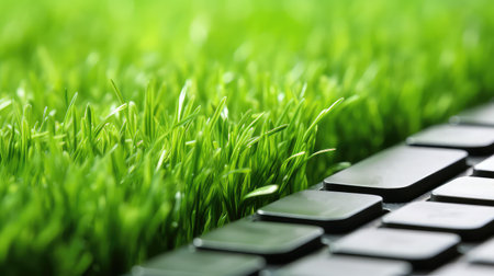 Green grass growing from computer keyboard. Environmental protection conceptの素材