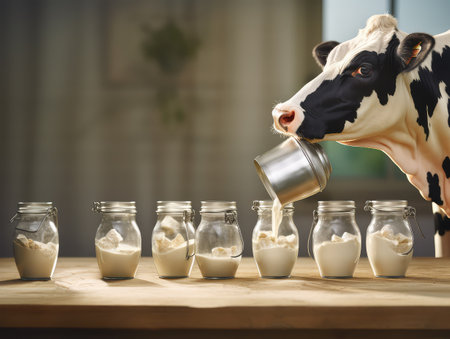 Cow with jars of milk, milk products advertisingの素材