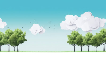Illustration with blue sky background trees and clouds with copy spaceの素材