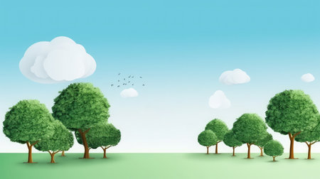 Illustration with blue sky background trees and clouds with copy spaceの素材