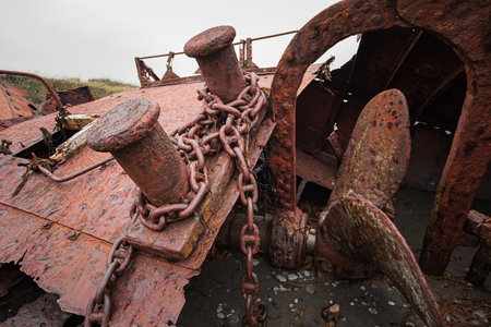 Skeleton of Shipwreck called Ambassador on the  coast of Magellan Strait, rusty warship wreck, Tierra Del Fuego, Chileの写真素材
