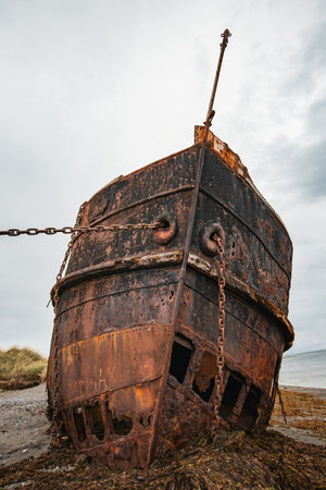 Shipwreck called Amadeo on the  coast of Magellan Strait, rusty warship wreck, Tierra Del Fuego, Chileの写真素材
