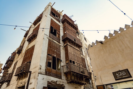 Traditional architecture of old Jeddah town El Balad district houses with wooden windows and balconies Unesco Heritage site in Jeddah Saudi Arabiaのeditorial素材