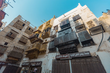 Traditional architecture of old Jeddah town El Balad district houses with wooden windows and balconies Unesco Heritage site in Jeddah Saudi Arabiaのeditorial素材