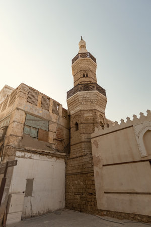 Al Shafei mosque seen from Suq Al Jami - Al Mazloum, Al Balad district, Historic Jeddah, Saudi Arabia - UNESCO world heritage siteのeditorial素材
