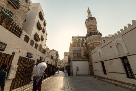 Al Shafei mosque seen from Suq Al Jami - Al Mazloum, Al Balad district, Historic Jeddah, Saudi Arabia - UNESCO world heritage siteのeditorial素材