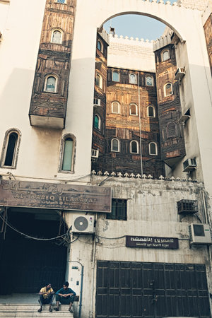 Traditional architecture of old Jeddah town El Balad district houses with wooden windows and balconies Unesco Heritage site in Jeddah Saudi Arabiaのeditorial素材