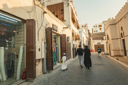 Old souk market street with traditional arabic goods in historical town of Jeddah Al Balad Saudi Arabiaのeditorial素材
