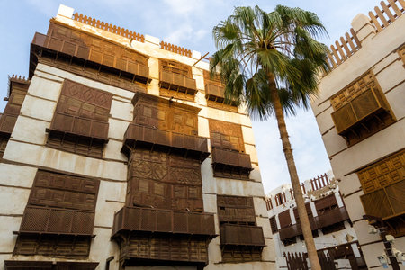 Traditional architecture of old Jeddah town El Balad district houses with wooden windows and balconies Unesco Heritage site in Jeddah Saudi Arabiaのeditorial素材