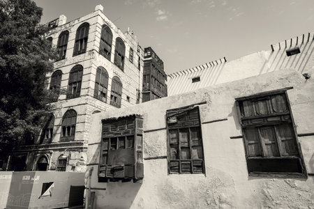 Traditional architecture of old Jeddah town El Balad district houses with wooden windows and balconies Unesco Heritage site in Jeddah Saudi Arabiaのeditorial素材