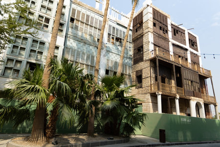 Traditional architecture of old Jeddah town El Balad district houses with wooden windows and balconies Unesco Heritage site in Jeddah Saudi Arabiaのeditorial素材