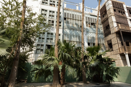 Traditional architecture of old Jeddah town El Balad district houses with wooden windows and balconies Unesco Heritage site in Jeddah Saudi Arabiaのeditorial素材