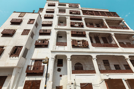 Traditional architecture of old Jeddah town El Balad district houses with wooden windows and balconies Unesco Heritage site in Jeddah Saudi Arabiaのeditorial素材