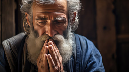 Senior bearded man portrait with hands in praying positionの素材