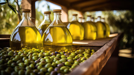 Bottles with fresh olive oil with green olives oil productionの素材