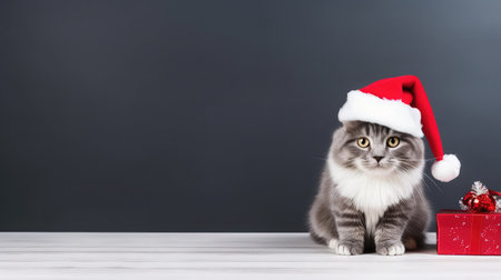 Cute adorable Christmas kitty Christmas tree gifts postcard banner Gray backgroundの素材