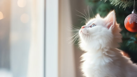 Cute adorable White Christmas kitty Christmas tree postcard bannerの素材