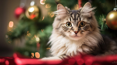 Cute adorable Christmas tabby kitten Christmas tree postcard bannerの素材