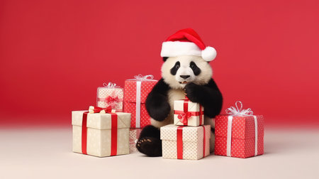 Cute Panda wearing christmas hat with christmas gifts copy spaceの素材