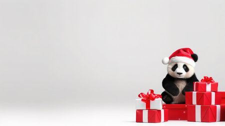 Cute Panda wearing christmas hat with christmas gifts copy spaceの素材