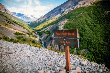 Torres del Paine National Park trek in Patagonia Chile. Paso de los vientos (windy pass) sign board