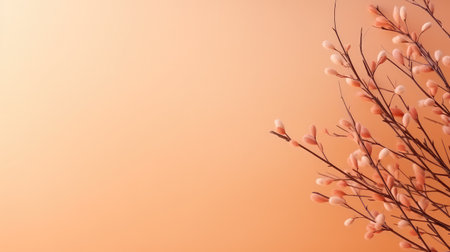 Soft fluffy willow twigs buds on the peach fuzz backgroundの素材