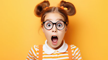 Cute little girl surprised face looking at camera wearing glassesの素材