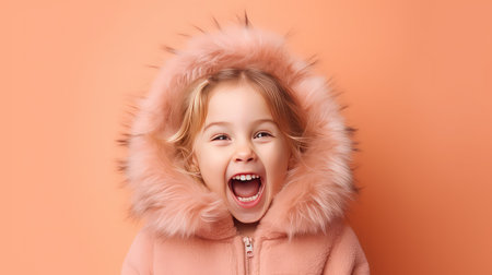 Cute surprised baby girl wearing hood portrait close up peach fuzz colorsの素材