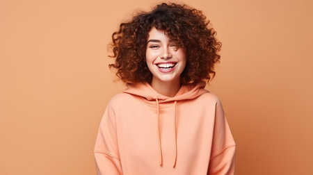 Young attractive woman wearing peach fuzz color hoody smiling at camera on peach background copy spaceの素材