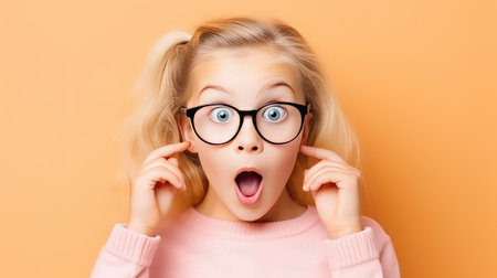 Cute little girl surprised face looking at camera wearing glassesの素材