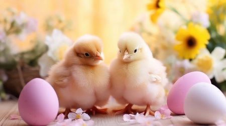 Cute Easter chickens with flowers and eggsの素材